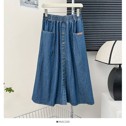 Elastic Waist Denim A-Line Midi Skirt with Pockets