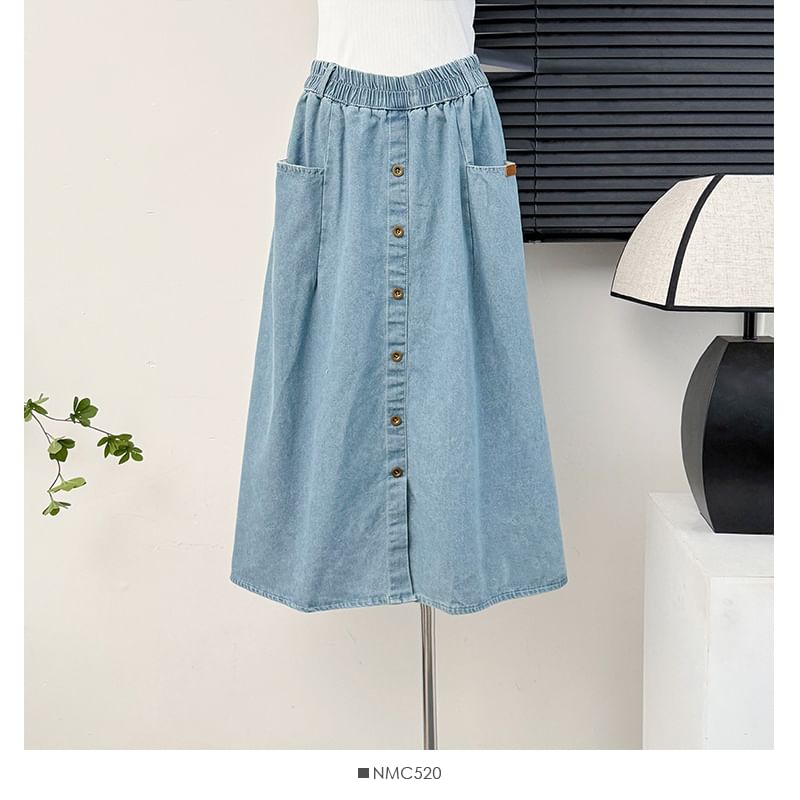 Elastic Waist Denim A-Line Midi Skirt with Pockets