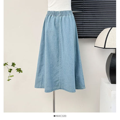 Elastic Waist Denim A-Line Midi Skirt with Pockets