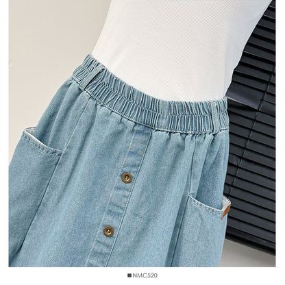 Elastic Waist Denim A-Line Midi Skirt with Pockets