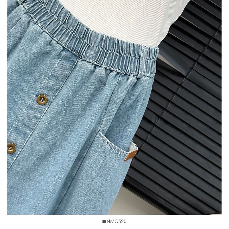 Elastic Waist Denim A-Line Midi Skirt with Pockets