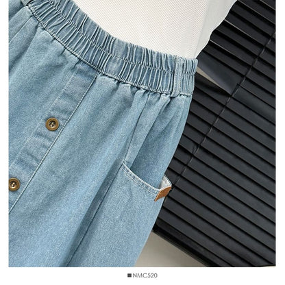 Elastic Waist Denim A-Line Midi Skirt with Pockets