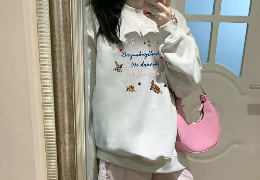 Round Neck Lettering Cartoon Embroidered Sweatshirt