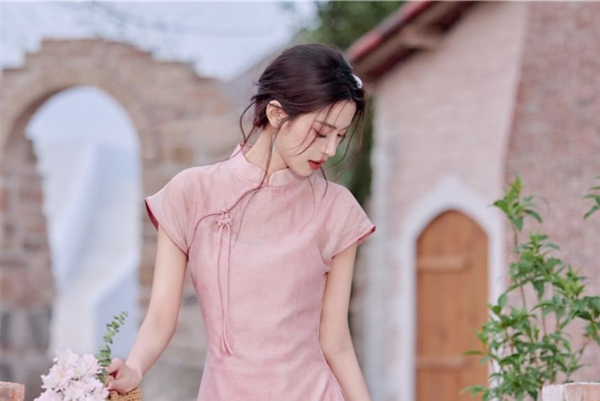 Set: Cap-Sleeve Plain Midi Qipao Dress + Spaghetti Strap Maxi Dress