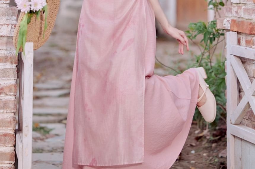 Set: Cap-Sleeve Plain Midi Qipao Dress + Spaghetti Strap Maxi Dress