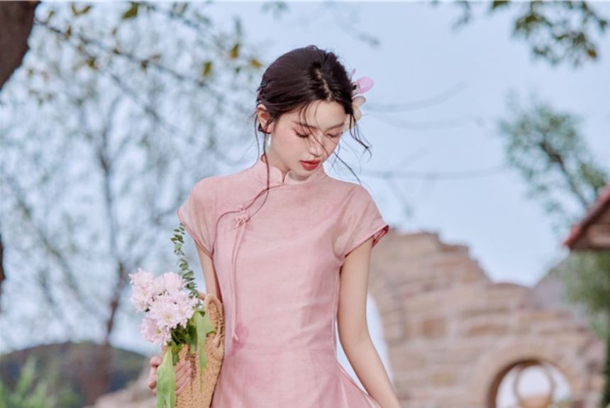 Set: Cap-Sleeve Plain Midi Qipao Dress + Spaghetti Strap Maxi Dress