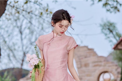 Set: Cap-Sleeve Plain Midi Qipao Dress + Spaghetti Strap Maxi Dress