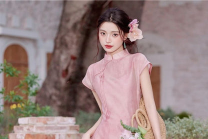 Set: Cap-Sleeve Plain Midi Qipao Dress + Spaghetti Strap Maxi Dress