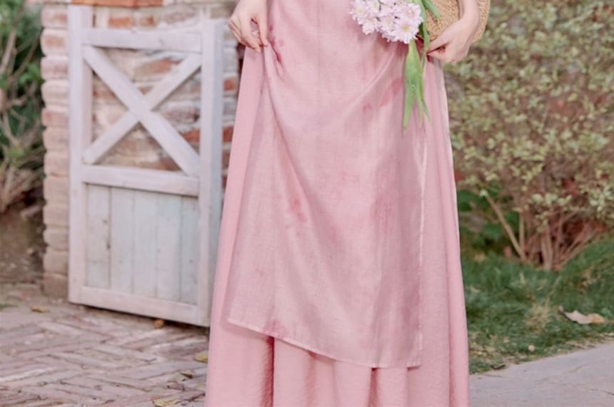 Set: Cap-Sleeve Plain Midi Qipao Dress + Spaghetti Strap Maxi Dress