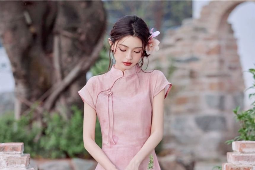Set: Cap-Sleeve Plain Midi Qipao Dress + Spaghetti Strap Maxi Dress