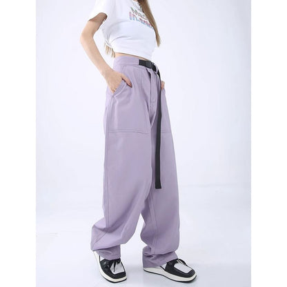 High Rise Buckle Accent Plain Straight-Fit Wide-Leg Cargo Pants