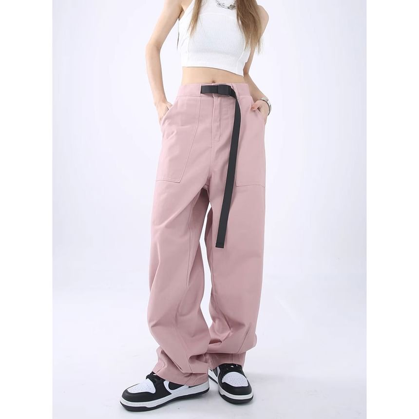 High Rise Buckle Accent Plain Straight-Fit Wide-Leg Cargo Pants