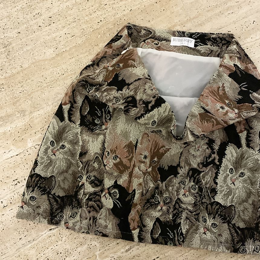 Cat Print Jacquard A-Line Mini Skirt