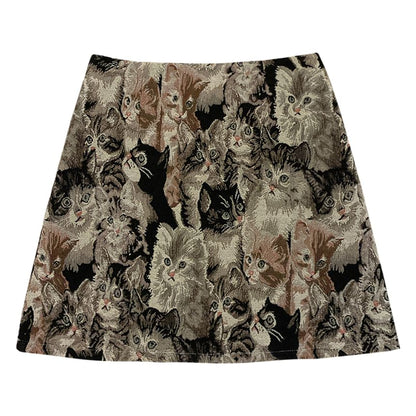 Cat Print Jacquard A-Line Mini Skirt