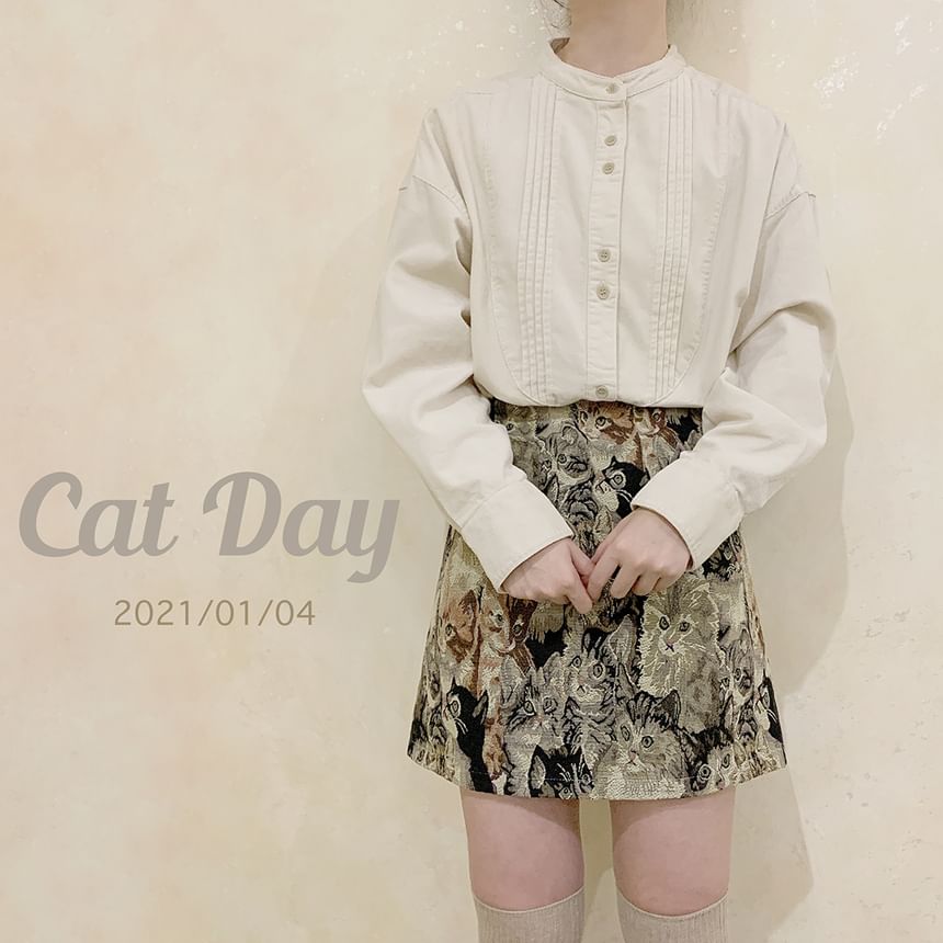 Cat Print Jacquard A-Line Mini Skirt