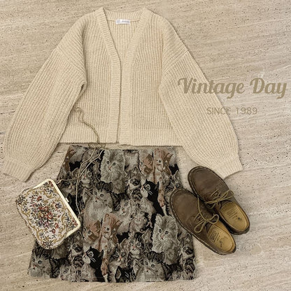 Cat Print Jacquard A-Line Mini Skirt