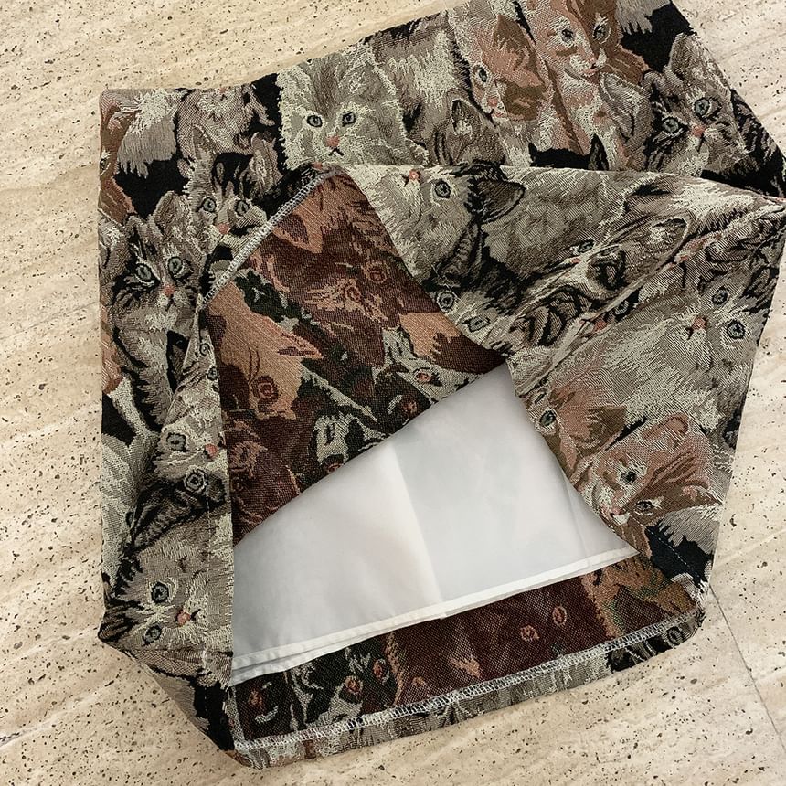 Cat Print Jacquard A-Line Mini Skirt