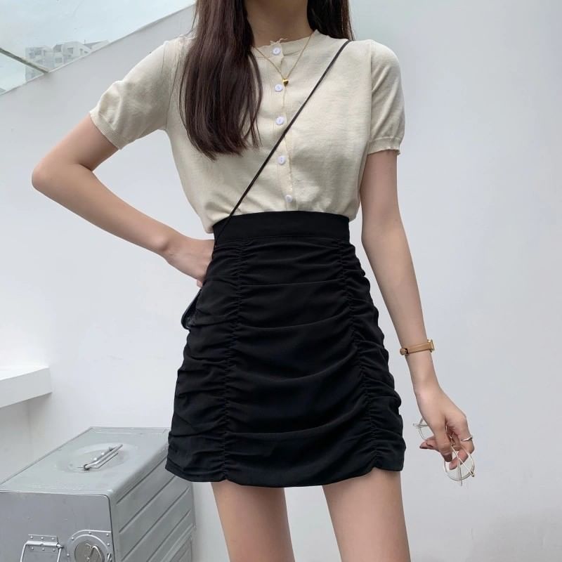 Ruffled Pencil Mini Skirt with High Waist