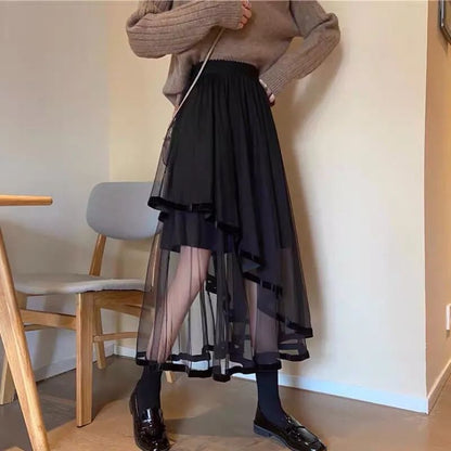 Elevated Waist Mesh Midi Flared Skirt