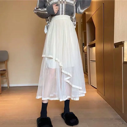Elevated Waist Mesh Midi Flared Skirt
