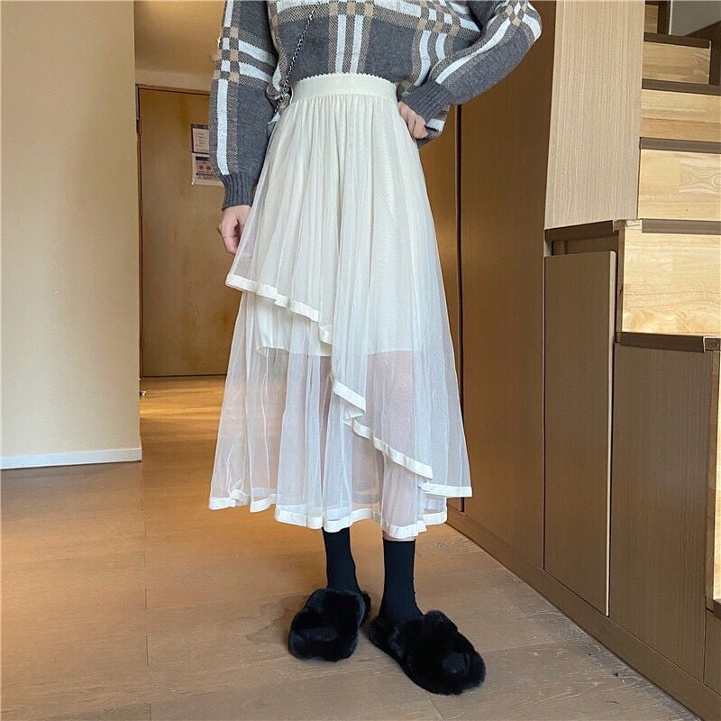 Elevated Waist Mesh Midi Flared Skirt