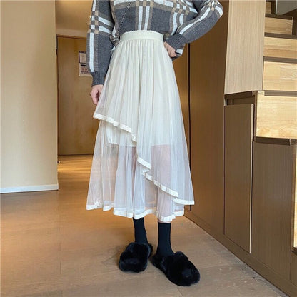 Elevated Waist Mesh Midi Flared Skirt