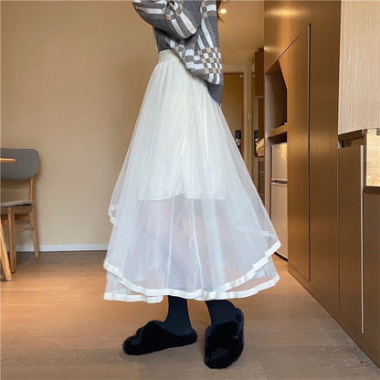 Elevated Waist Mesh Midi Flared Skirt