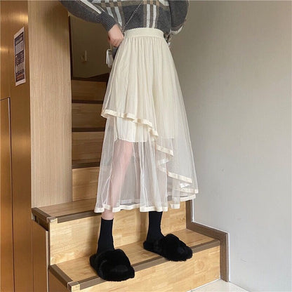 Elevated Waist Mesh Midi Flared Skirt