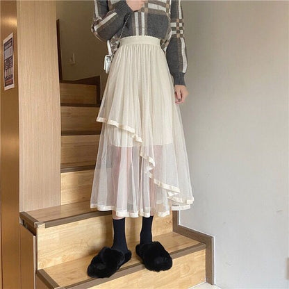 Elevated Waist Mesh Midi Flared Skirt