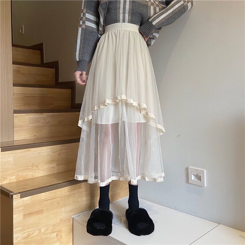Elevated Waist Mesh Midi Flared Skirt