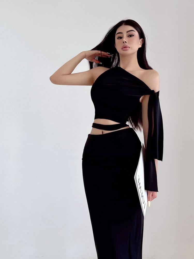 Asymmetric Crop Top and Midi Pencil Skirt Set