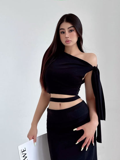 Asymmetric Crop Top and Midi Pencil Skirt Set