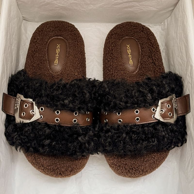 Fleece Buckled Slide Sandals