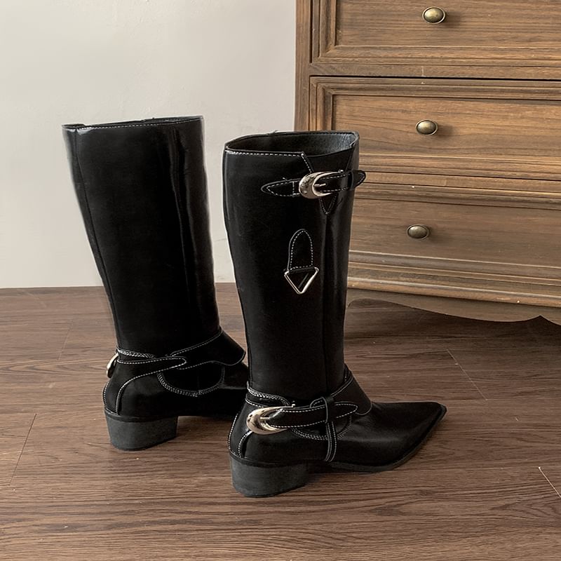 Pointed Toe Buckled Panel Knee High Boots