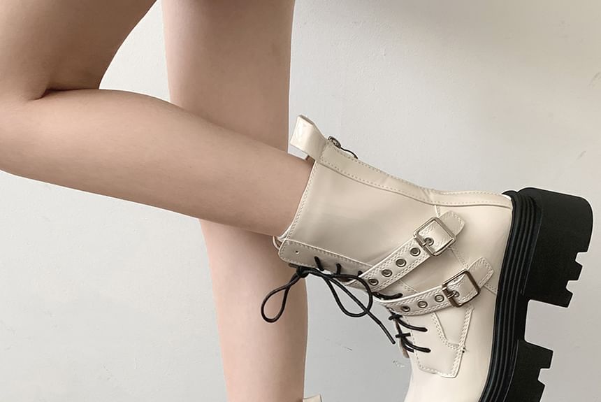 Platform Buckled Patent Leather Lace Up Short Boots