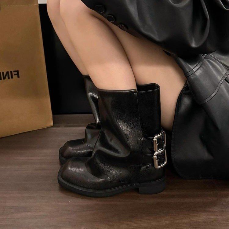 Square Toe Buckled Chunky Heel Mid-Calf Boots