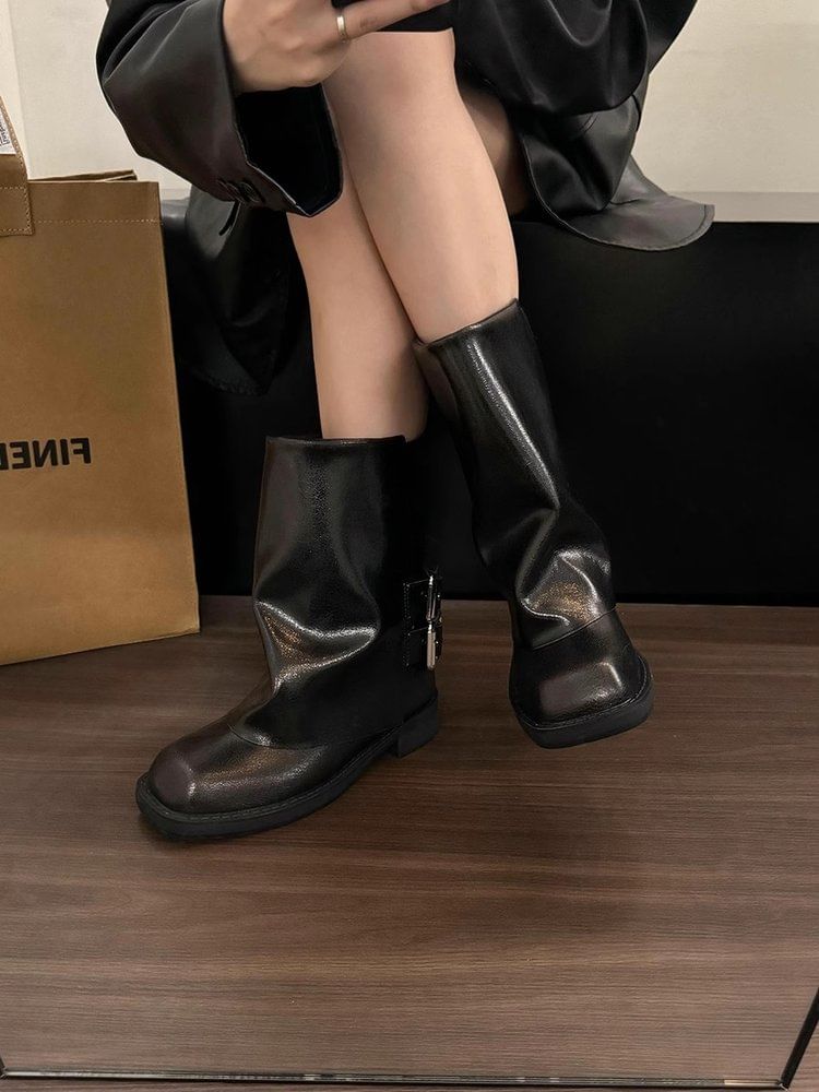 Square Toe Buckled Chunky Heel Mid-Calf Boots