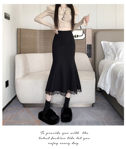 Lace Trim Fishtail Midi Skirt
