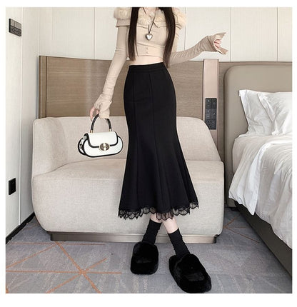 Lace Trim Fishtail Midi Skirt
