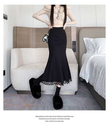 Lace Trim Fishtail Midi Skirt