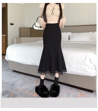 Lace Trim Fishtail Midi Skirt