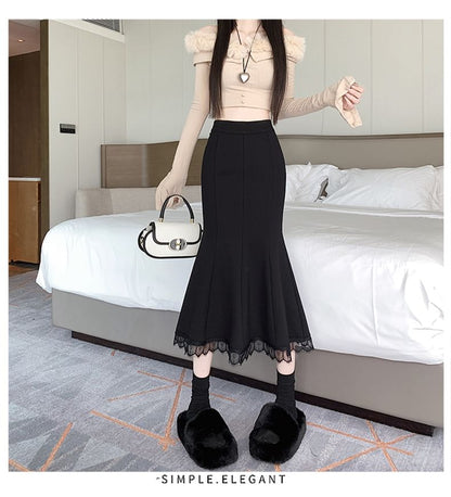 Lace Trim Fishtail Midi Skirt