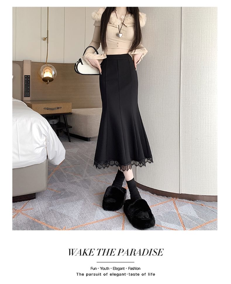Lace Trim Fishtail Midi Skirt