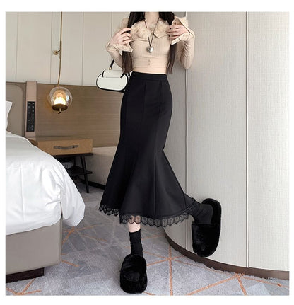 Lace Trim Fishtail Midi Skirt