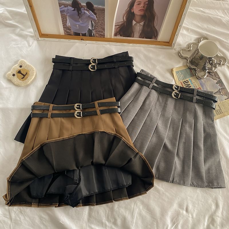 Elevated Waist Plain Pleated Mini Flared Skirt