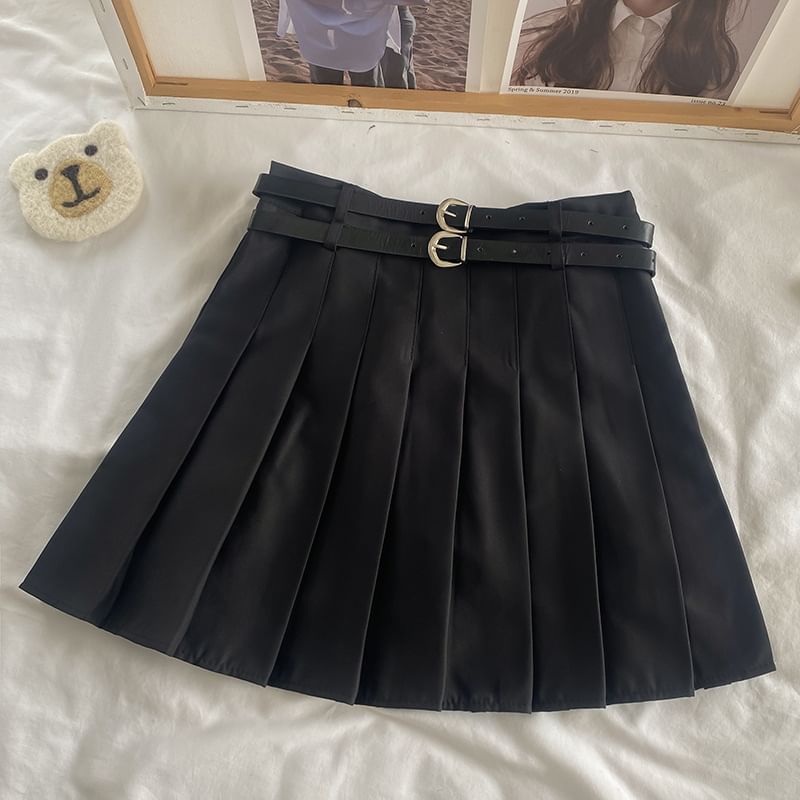 Elevated Waist Plain Pleated Mini Flared Skirt
