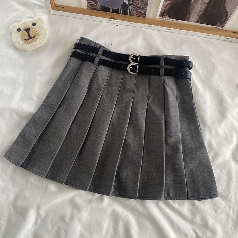 Elevated Waist Plain Pleated Mini Flared Skirt