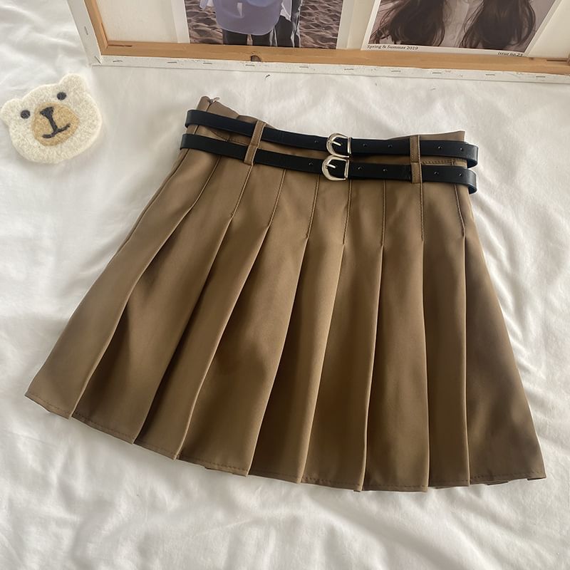 Elevated Waist Plain Pleated Mini Flared Skirt