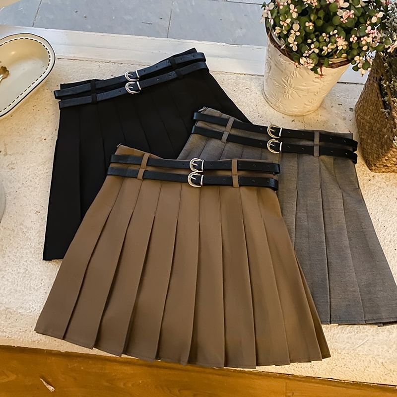 Elevated Waist Plain Pleated Mini Flared Skirt