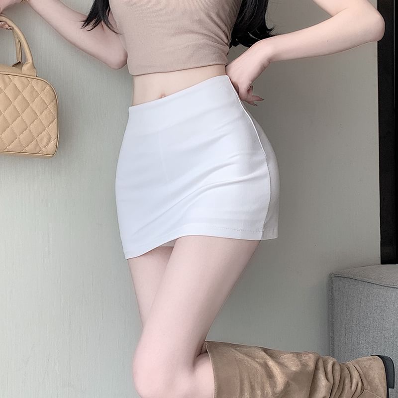 Elevated Waist Plain Mini Slim Skirt